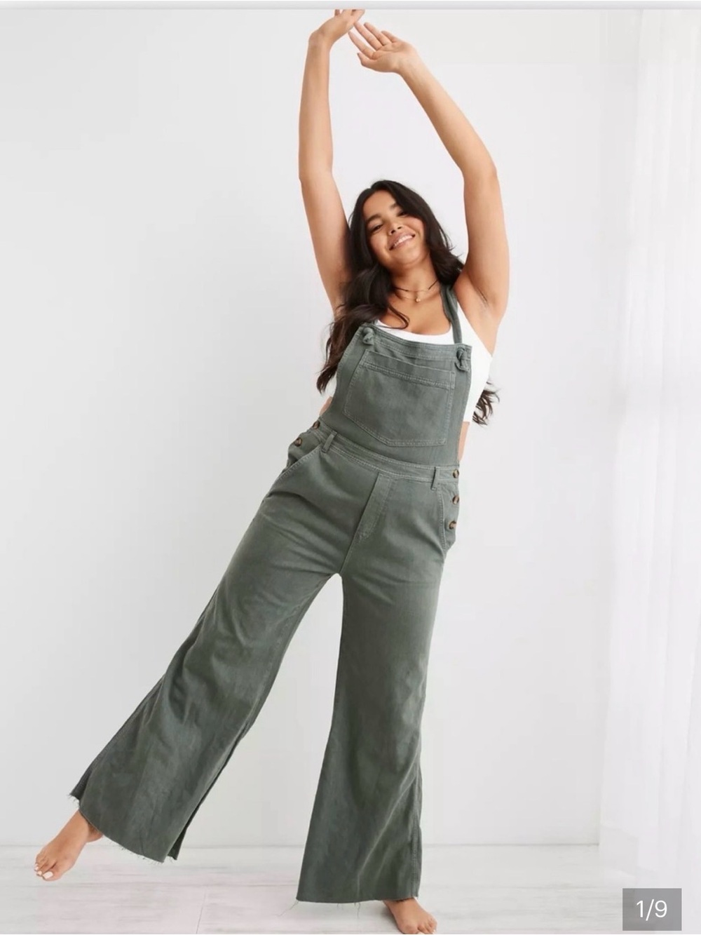 Aerie Olive Green Wide-Leg Denim Overalls - Women Jeans
